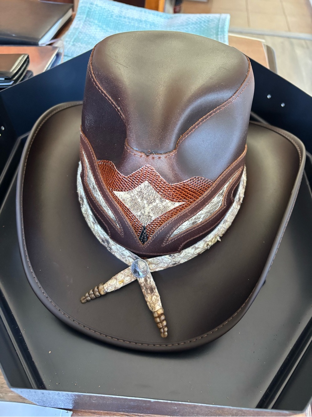 New American Hat Makers Brown Leather Western Cowboy Hat with rattlesnake band